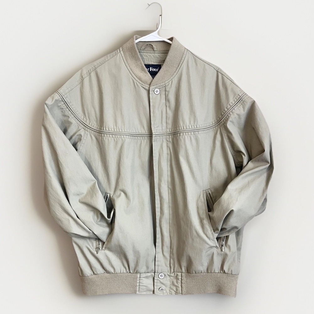 Par Four Jacket Mens Medium Tall Beige Bomber Lined Zip Pockets Ribbed Hem